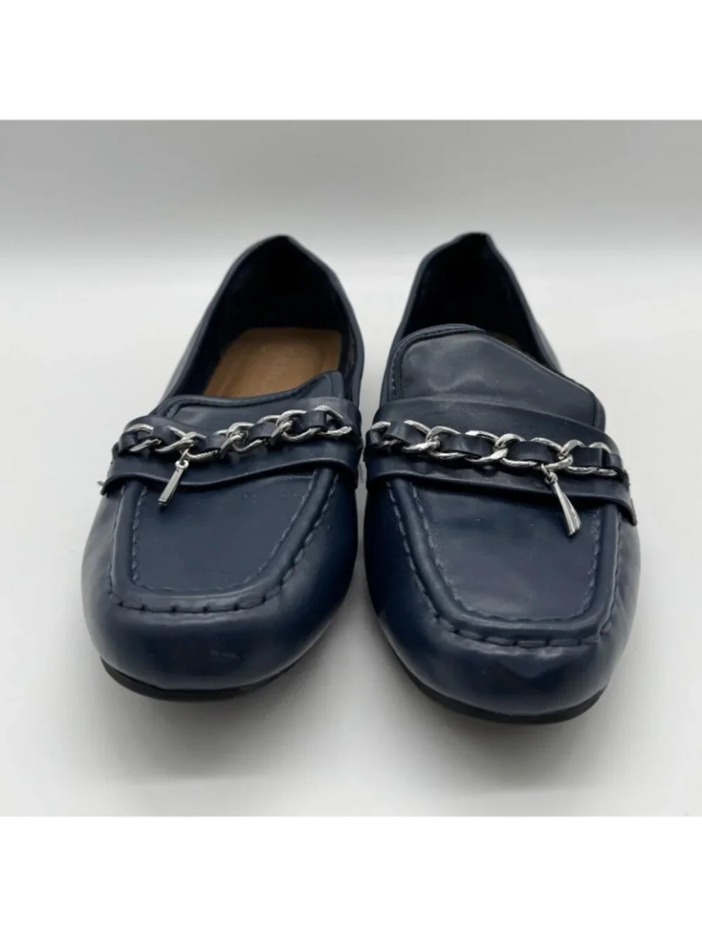 Nautica Lunara Womens 7 Navy Blue Loafers Silver Chain Slip On Comfort Driving